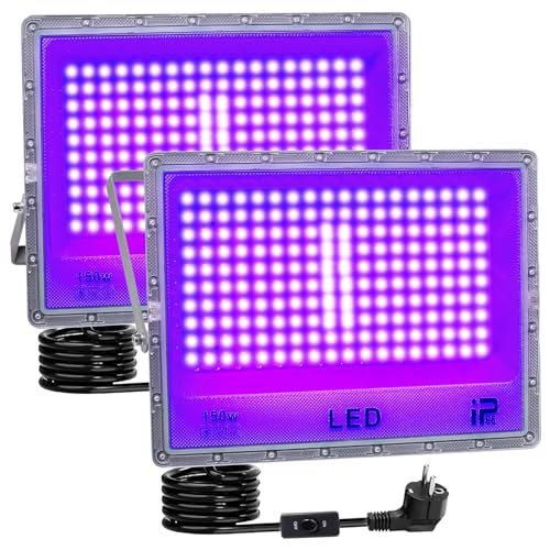 BOSITE Foco Luz Negra 150W, Luz Negra LED 395-405 nm, Foco uv IP66 Impermeable, Lámpara UV para Halloween Navidad Pinta Corporal Fiesta fluorescente