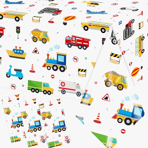 Image of 3Pcs Transportation Tablecloth Plastic Transportation Birthday Decorations Vehicle Tablecloth Rectangle Truck Table Cloth Cars Party Decorations for Boys Kids Birthday Party Baby Shower, 51.2" x 87"