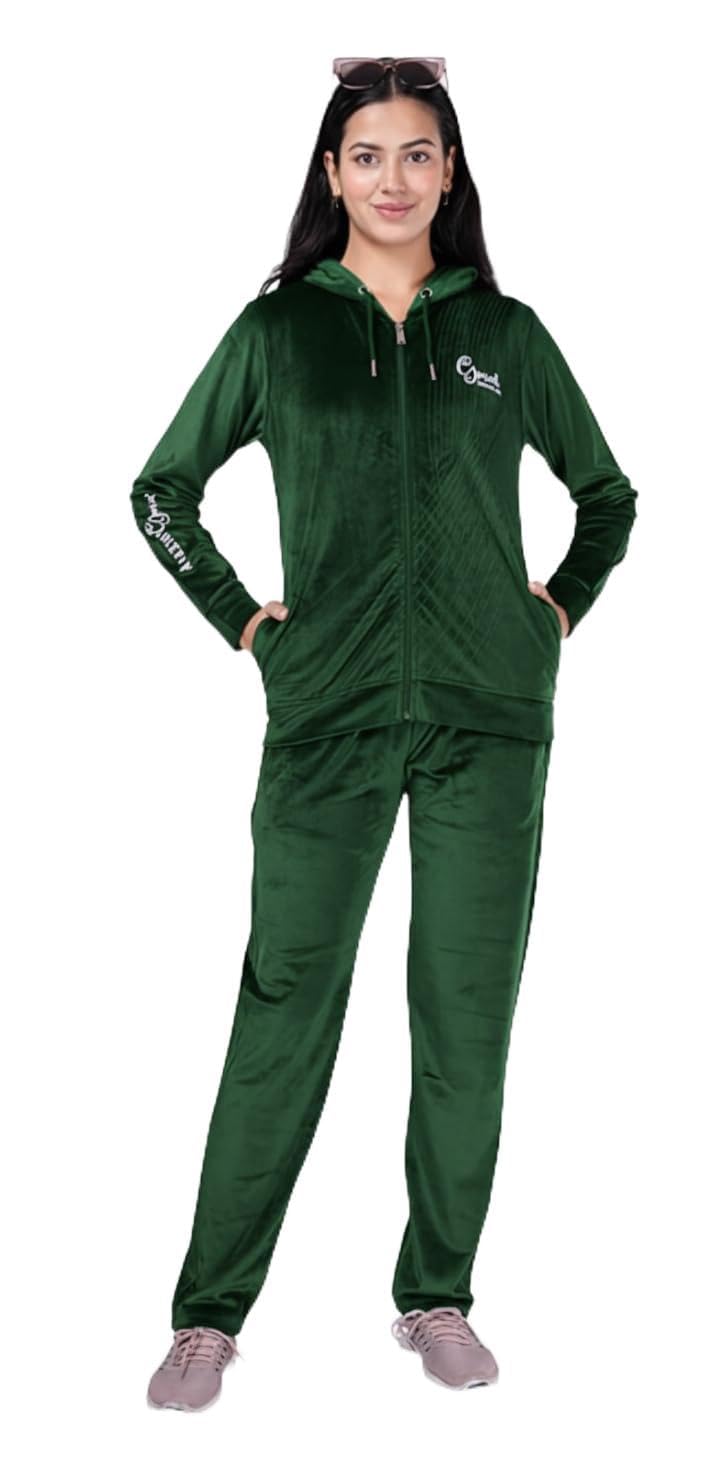 Women’s Winter Velvet Tracksuit | Cozy Full-Zipper Hooded Jacket & Comfort Fit Bottom | Soft Warm Lounge & Casual Wear Set (IN, Alpha, M, Regular, Green)-image-7