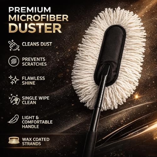 Image of Microfiber Car Duster with Handle, Wax-Coated Cotton Strands Cleaning Brush with Storage Cover (Wax Coated)