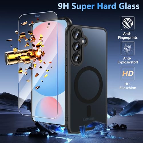 Image of OWKEY for Samsung Galaxy S24 FE Case 6.7'', Magnetic Galaxy S24 FE Case for Magsafe with Tempered Screen Protector [Shockproof Military] Translucent Matte Bumper Phone Cover Samsung S24 FE 5G, Black