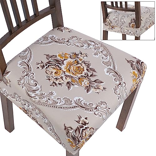 Image of SearchI Dining Chair Seat Covers Set of 4, Stretch Removable Chair Covers for Dining Chairs, Kitchen Chair Covers Protector(Orange Brown Flower)