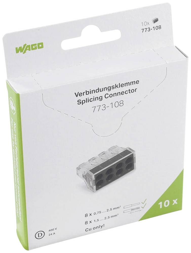 WAGO PUSH WIRE® connector for junction boxes; for solid and stranded conductors; max. 2.5 mm²; 8-conductor; transparent & dark gray; 2,50 mm²; transparent; 773-108/995-010 Pack of 10