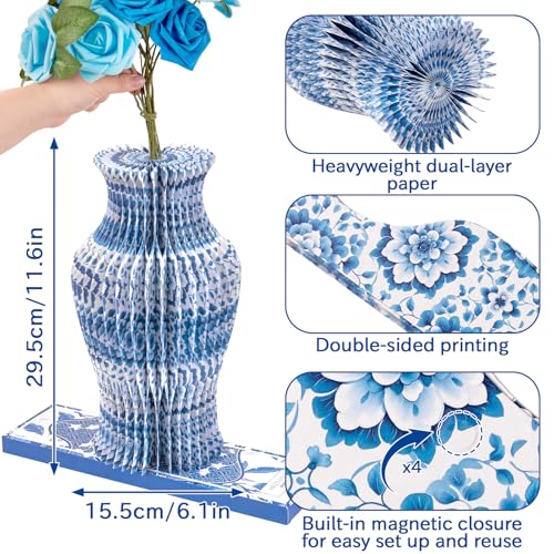 Vase en papier bleu et blanc 29 cm : centre de table pliant - 5