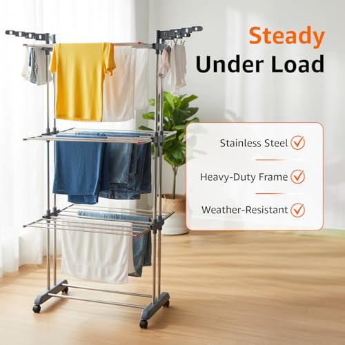 Image of amazon basics 3-Tier Stainless Steel Cloth Drying Stand | Foldable with Wheels | 5.8 ft Drying Space, 26 Rods, 16 Hanger Slots | Indoor & Outdoor Use | 174 cm