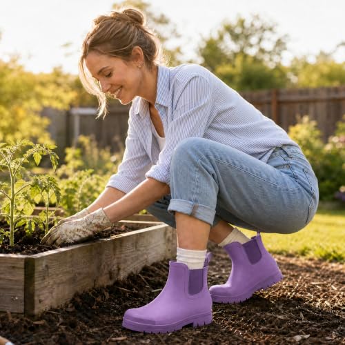 Image of planone Women's Fashion Waterproof Short Chelsea Rain Boots Durable Non Slip Ankle Rubber Boots Work Booties Lightweight Outdoor Garden Shoes with Removable Insole