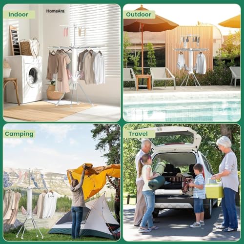 Image of Carbon Steel Clothes Drying Rack 2026 Upgrade 4-Legged 3Tier Foldable Laundry Rack with 4 Pulleys 20 Clips 6 Shoe Dryers 16Drying Rods for Indoor /Outdoor Camping Poolside Space Saving (White)
