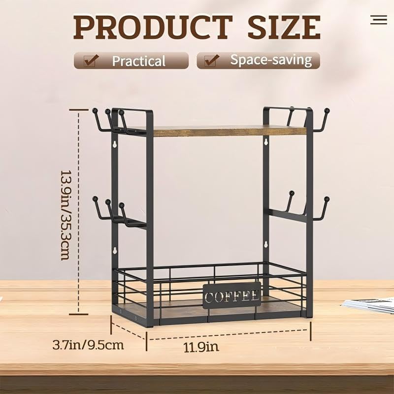 coffee mug rack with 12 hooks, 2-tier coffee cup holder with shelf and storage basket, kitchen mug organizer for bar kitchen déco