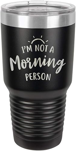 Vaso negro de 30 onzas con popote y tapa superior deslizante con texto en inglés "I'M NOT A MORNING PERSON", color negro