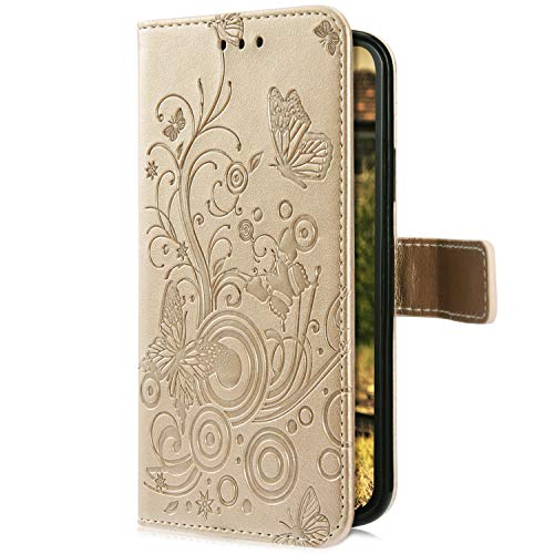 Uposao Compatible with iPhone 6S Plus 5.5 Case Leather Wallet Cover Embossed Butterfly Flower Pattern Leather Flip Shockproof Protective Case Magnetic Stand Card Holder,Gold