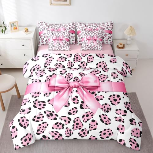 Image of Castle Fairy Pink Bow Knot Bedding Sets with Sheets,Comforter,Pillowcases,Pillow Covers 7 Pcs King Size Bowknot Ribbon Girly Romantic Comforter Set Pink Black Leopard Print Decor Bedroom Dorm Bed Set