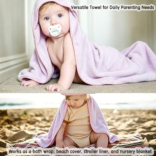 Image of Baby Hooded Bath Towel 31.5 inchx31.5 inch Ultra Absorbent Cloud-Soft Cozy Coral Fleece, for Newborn Infant Toddler Up to 3 Years, Unisex Bathrobe Blanket (Lavender)