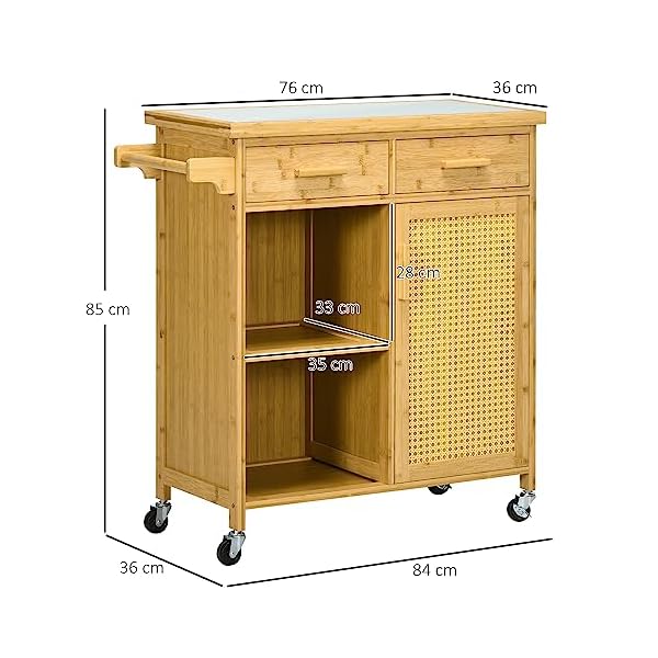HOMCOM Küchenwagen mit Schublade, Schrank, offenem Ebenen, Servierwagen, Aufbewahrungswagen mit Handtuchhalter, Glastischplatte, Bambus, Natur, 84 x 36 x 85 cm – Bild 4