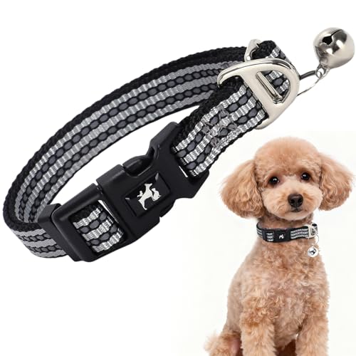 Reflective Dog and Cat Collar with Bell - Hypoallergenic Adjustable Puppy Collar for Small Pets, Soft Nylon Night Safety with Reflective Strips (Silver, XS) S XS
