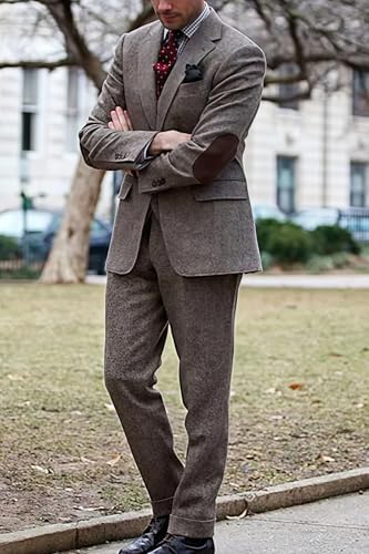 VENNYNG Men's Vintage Tweed Suits Blazer and Pant Set with Elbow Pathes 2 Pieces Smart Business Wedding Wear2
