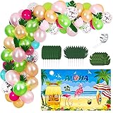 El paquete incluye: nuestro juego de decoraciones de fiesta hawaiana contiene 1 fondo hawaiano, 61 globos, 12 hojas de tortuga, 6 hojas de palma, 3 hojas persas y 1 tira de globos, 84 piezas en total; cantidad suficiente para satisfacer tus necesidades de fiesta