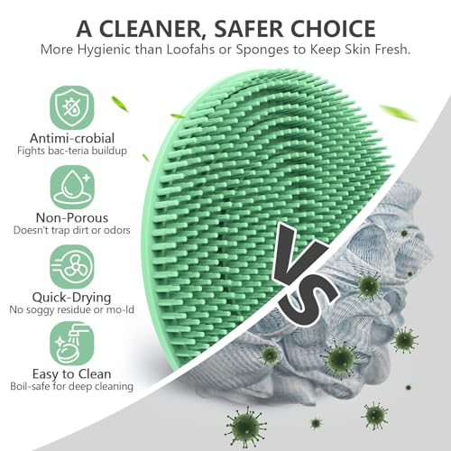 Image of BEAUTAIL Silicone Body & Face Scrubber Set 5 Pack, Gentle Shower Scrubber | Hygienic Silicone Loofah, Easy-Grip Handle, Soft Exfoliating Bath Brush for Sensitive Skin, Women, Men, Kid. Black+Pink+Green