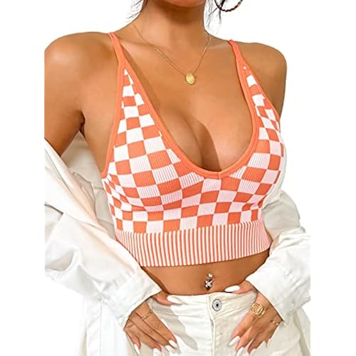 1-3 Pack V Neck Crop Tank Tops for Women Checkered Camisole Cute Bralette