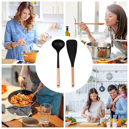 Silicone Cooking Spoons - Heat Resistant Kitchen Utensils, Nonstick Wood Handle Spatula Set with Multi-Purpose Design, Ideal for Baking, Stirring, Serving, and Cooking at Home or Restaurant – Image 5