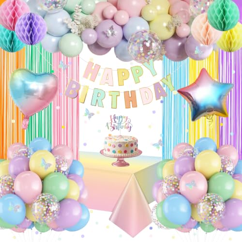 WEQTWL Pastel Birthday Decorations Macaron Rainbow Pastel Color Party Decoration Set Reusable Happy Birthday Banner Latex Balloons Foil Curtain Tablecloth for Party Supplies