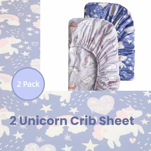 Image of SDIII 2 Pack Unicorn Crib Sheets for Baby Girl 52x28 Stretchy Microfiber Jersey Knit Baby Sheets for Standard Crib and Toddler Mattress