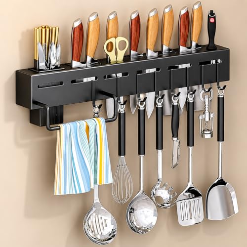 Fayleeko Kitchen Shelf Wall Mount Knife Holder, Towel Hanger Rack Multipurpose Utensil Organizer Storage Rack Spoon Holder Kitchen Wall Shelf Cutlery Holder Storage Rack