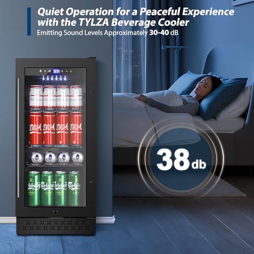 Image of Tylza 15 Inch Beverage Refrigerator, Under Counter /Freestanding Drink Fridge, 130 Cans Beverage Cooler with Glass Door, Reversible Door, Low Noise, Quick Cooling - for Beer, Soda, ETC, Black