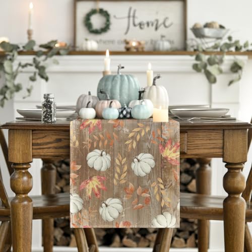 Artoid Mode Pumpkins Maple Leaves Brown Wood Fall Table Runner, Seasonal Autumn Kitchen Dining Table Decoration for Home Party Decor 13x72 Inch
