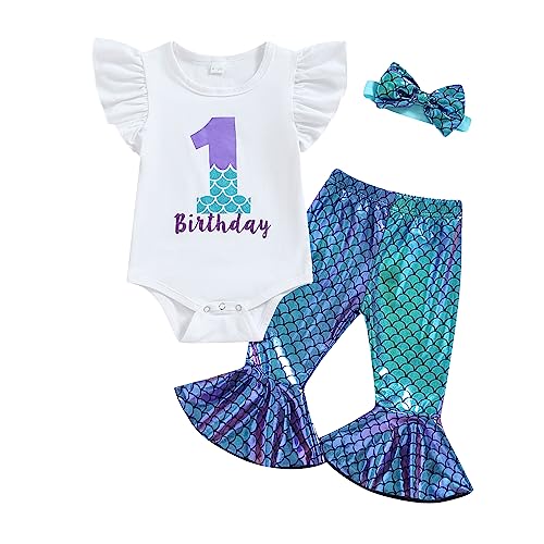 Lamuusaa Toddler Baby Girl Mermaid Birthday Outfit 1st Birthday Romper Ruffle Shirts Scale Flared Pants Headband Set (White+Purple, 12-18 Months)
