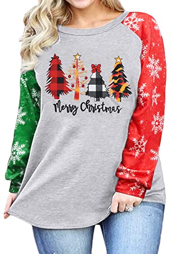 Women's Plus Size Merry Christmas Sweatshirt - Festive Tree & Plaid Design, Long Sleeve Casual Holiday Top