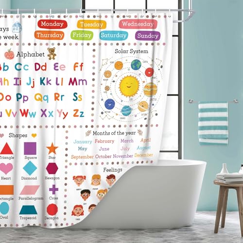 Image of Kids Educational Shower Curtain ABC Alphabet Cartoon Solar System Shapes Cute Knowledge Bathroom Curtain Set for Todders Nursery Shower Curtain Fabric Baby Bathroom Accessories Decor with 12 Hooks
