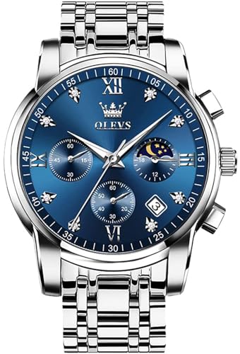 OLEVS Watches for Men Silver Mens Watches Large Blue Face Men's Wrist Watch Luxury Waterproof Stainless Steel Quartz Chronograph Fashion Mens Dress Watch Relojes para Hombres