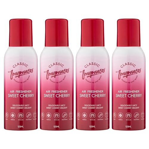 Classic Fragrances 4 Pack Sweet Cherry - Deliciously Juicy Cherry Aroma Air Freshener Spray - For Home & Vehicles – Long Lasting Smell, Portable Spray Can – Deodorise & Neutralise Odours – 125ml