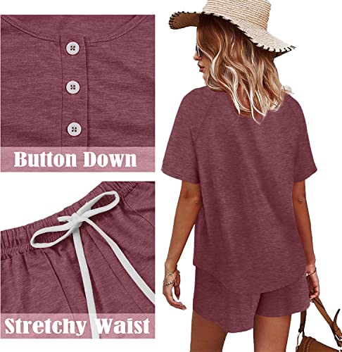 Image of WIHOLL Two Piece Outfits for Women Lounge Sets Button Down Top and Shorts Set Sweatsuits with Pockets