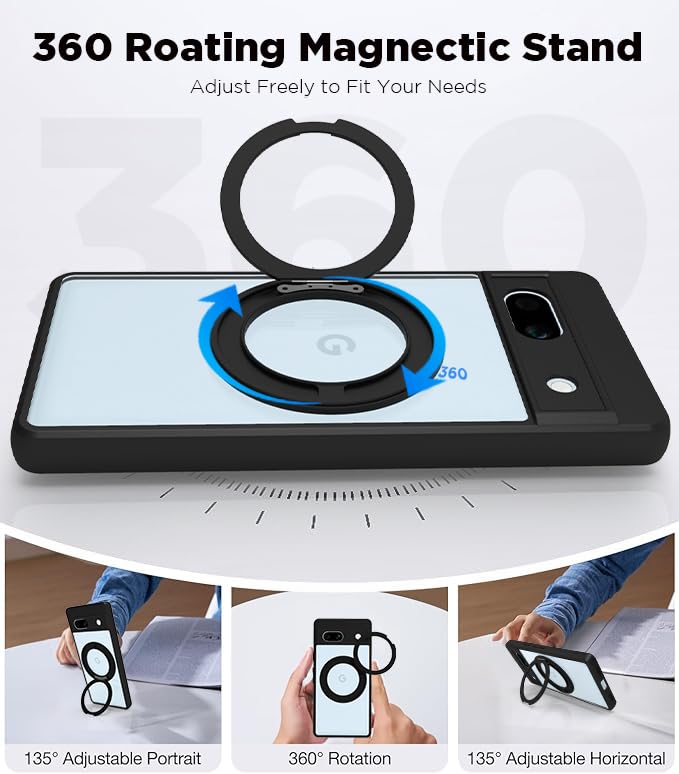 Image of RIGGEAR Shockproof Sleek Hybrid Armor 360 Rotating Magnetic Ring Stand Back Cover Case Compatible with MagSafe Accessories for Google Pixel 7A (Clear PC + Black TPU Bumper)