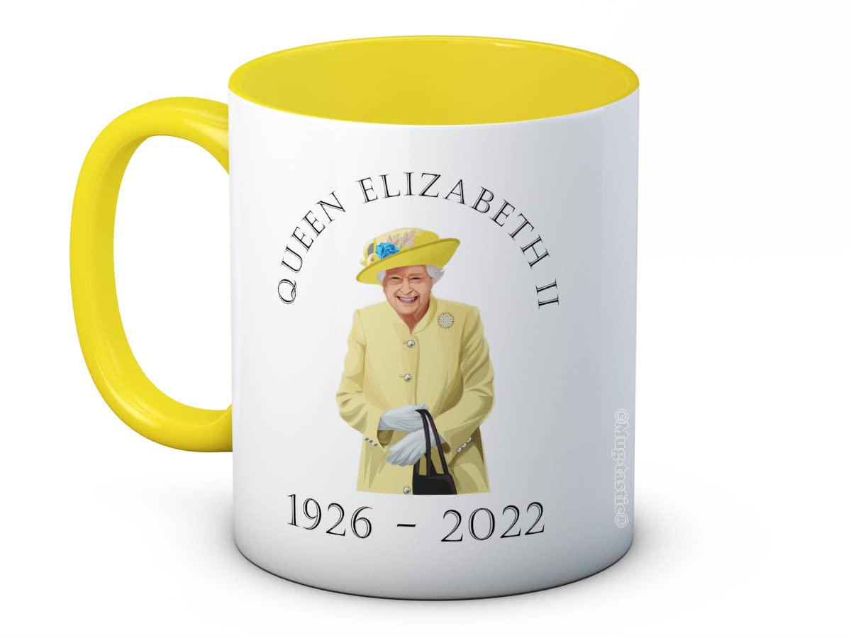 Queen Elizabeth II 1926-2022 - In Memory Ceramic Coffee Mug (Yellow Handle & Inner)