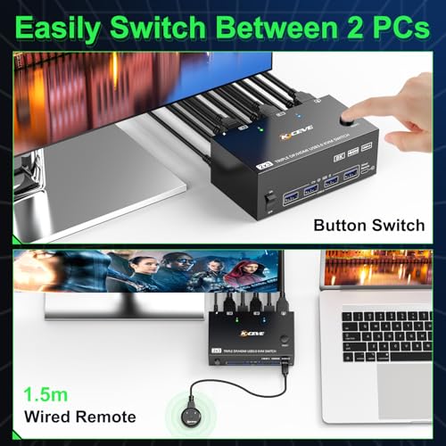 Image of KVM Switch 3 Monitors 2 Computers 8K@60Hz 4K@144Hz,MLEEDA 3 Monitor KVM Switch for 2 Computers Share 3 Monitors and 4 USB 3.0 Device,with Wired Remote,USB Cable and 12V Power Adapter