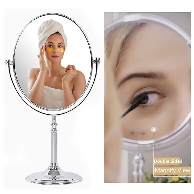 BuntyChiku Dual Sided Magnifying Tabletop Mount Oval Plastic Frame Mirror 5X and 1X Make Up Mirror Portable Table Mirrors with Stand for Woman&Man Chrome Finish 2
