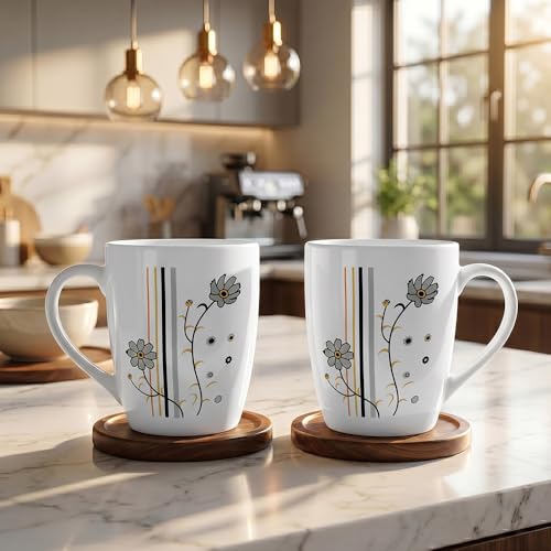 Image of UPC Daisy Line Bone China Mug Set of 2 | Floral Printed Ceramic Coffee & Tea Cups | Stylish Milk Mugs for Home, Office, Kitchen & Everyday Use