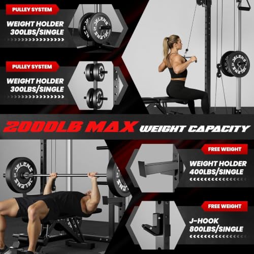 Image of JELENS C21 Power Cage, 2000LBS Multi-Function Power Rack with Independent Dual Pulley System, All-in-One Squat Rack for Cable Crossover, Home Gym Workout Machine