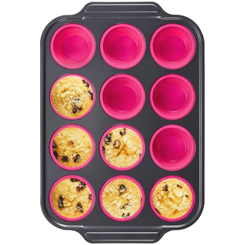 BRONYPRO Silikon-Muffinformen zum Backen mit Metallrahmen, Eierbeißformen, Cupcake-Formen, 12 normale Größe, Muffinformen, leicht zu öffnen, antihaftbeschichtet, ungiftig, Backformen für den Ofen