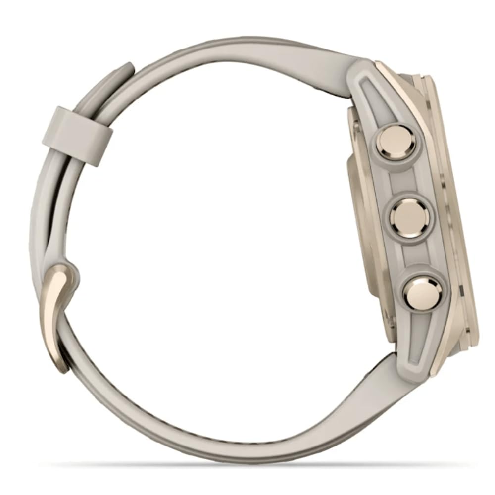 Garmin Fenix 8–43 mm, AMOLED, Saphir, weiches Gold mit Nebelgrau/Dunkelsandstein, Silikonband