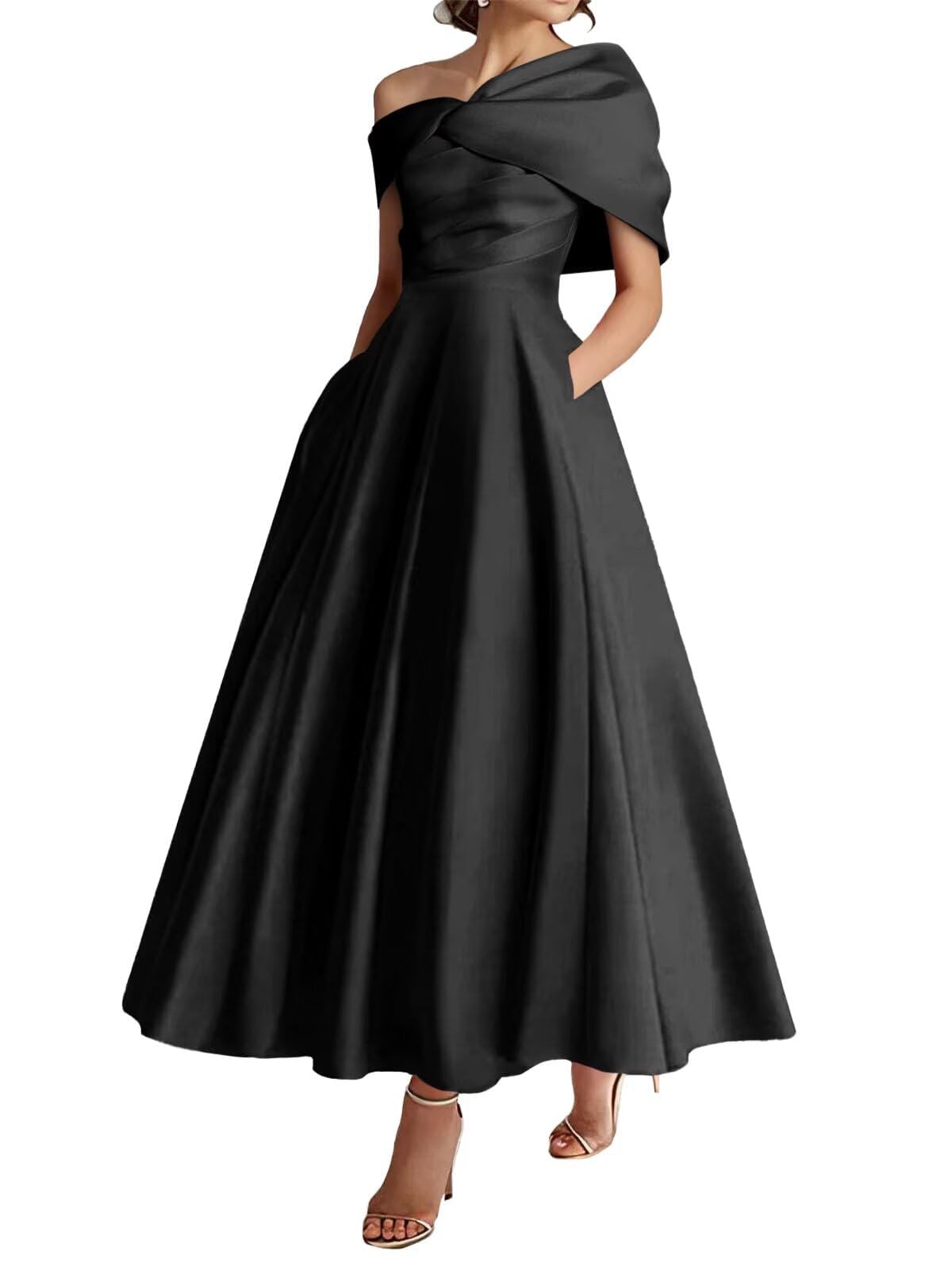 KIYNE Off Shoulder Mother of Groom Dresses for Women Wedding Guest Dress Black Tea Length Satin Mother of Bride Gown UK20