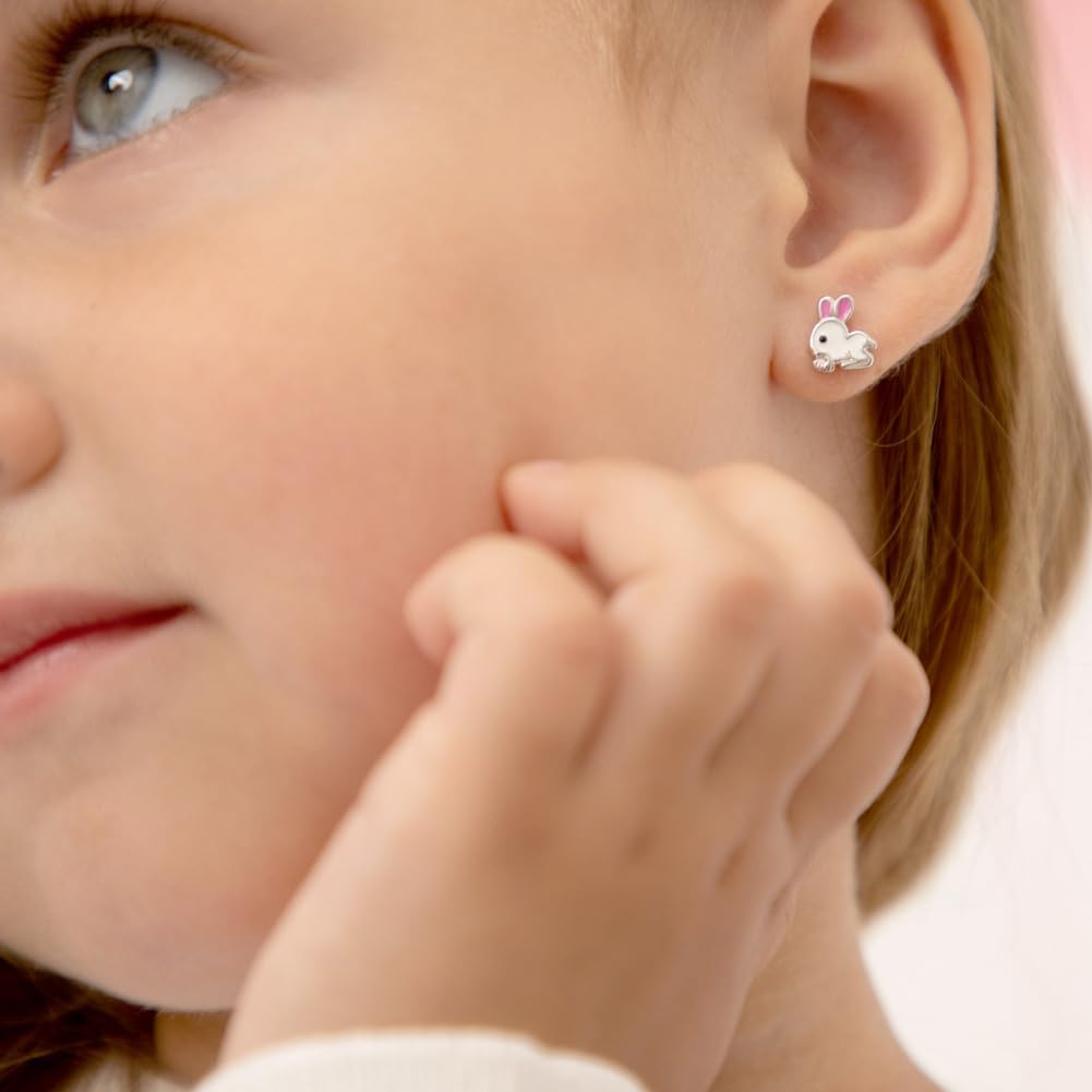 925 Sterling Silver Toddlers & Young Girls White Pink Enamel Stud Bunny Earrings For Animal Lover Kids- Fun & Stylish Earrings Gift For Children's Birthday