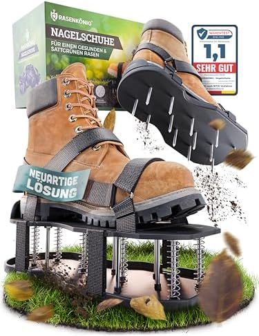 RASENKÖNIG Nagelschuhe Pro | Rasenlüfter Schuhe + Estrichschuhe | Rasenbelüfter Vertikutierer und Aerifizierer für Rasenbelüftung | Premium Rasenschuhe zum Rasen belüften und auflo