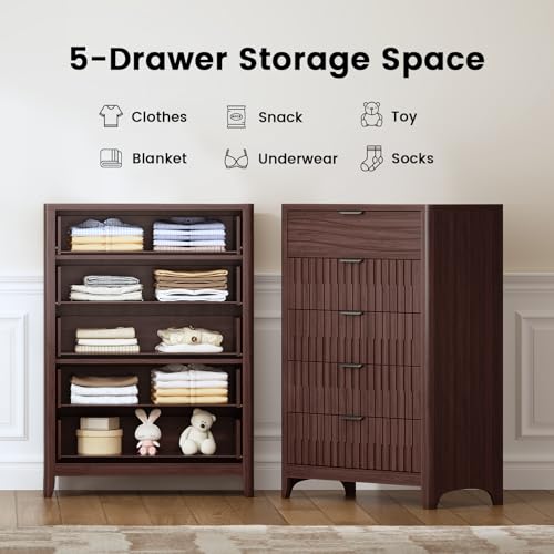 Image of Fluted 5 Drawers Dresser for Bedroom, 44'' Tall Wooden Chest of Drawers with Metal Handles, Modern Dresser TV Stand, Wood Clothing Storage Organizer for Living Room, Entryway, Walnut
