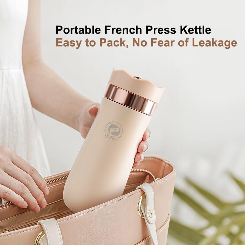 Miniatura 4 de Cafetera portátil de viaje de prensa francesa, cafetera de acero inoxidable de doble pared aislada al vacío y tetera, 12 onzas, mini taza de café