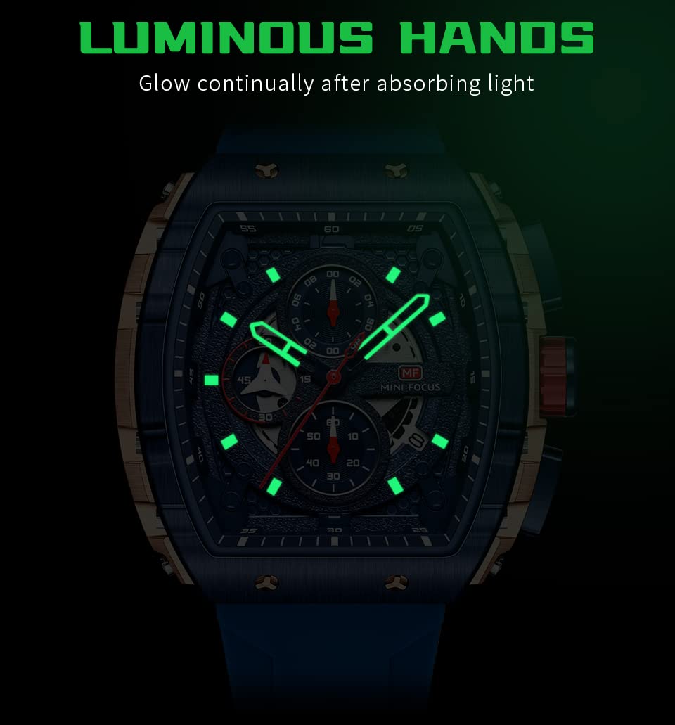 Mini Focus - Reloj cronógrafo único para hombre, estilo casual (hueco/impermeable/superluminoso/calendario), correa de silicona suave, reloj moderno para hombre