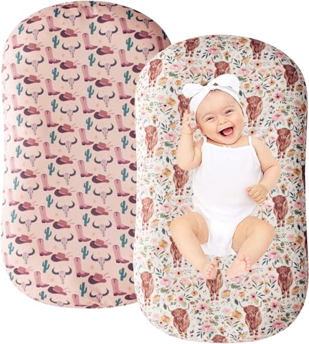 Image of Little Jump 2 Pack Baby Lounger Cover, Stretchy and Soft Newborn Lounger Cover, Infant Lounger Slipcover for Boys Girls, Covers Only Cowgirl Boots hat Highland Cows Floral (2 Pack Cowgirl)