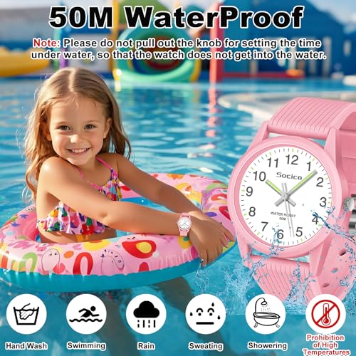 socico kids analog watch for boys girls easy to read learning time watch 50m waterproof soft band wristwatch for ages 4-12 great gift for children